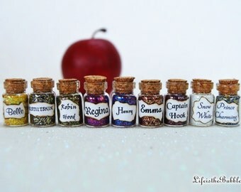 Once Upon a Time Miniature Bottles of Characters Magic, 9 Small Bottles, Mini Magic, Desk or Shelf Charms, by Life is the Bubbles