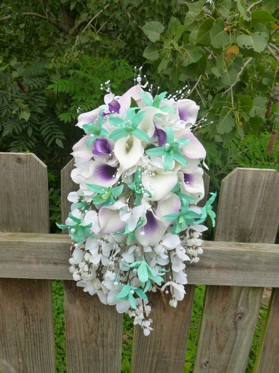 Calla lily orchid cascading bouquet bright mint by DressMyWedding