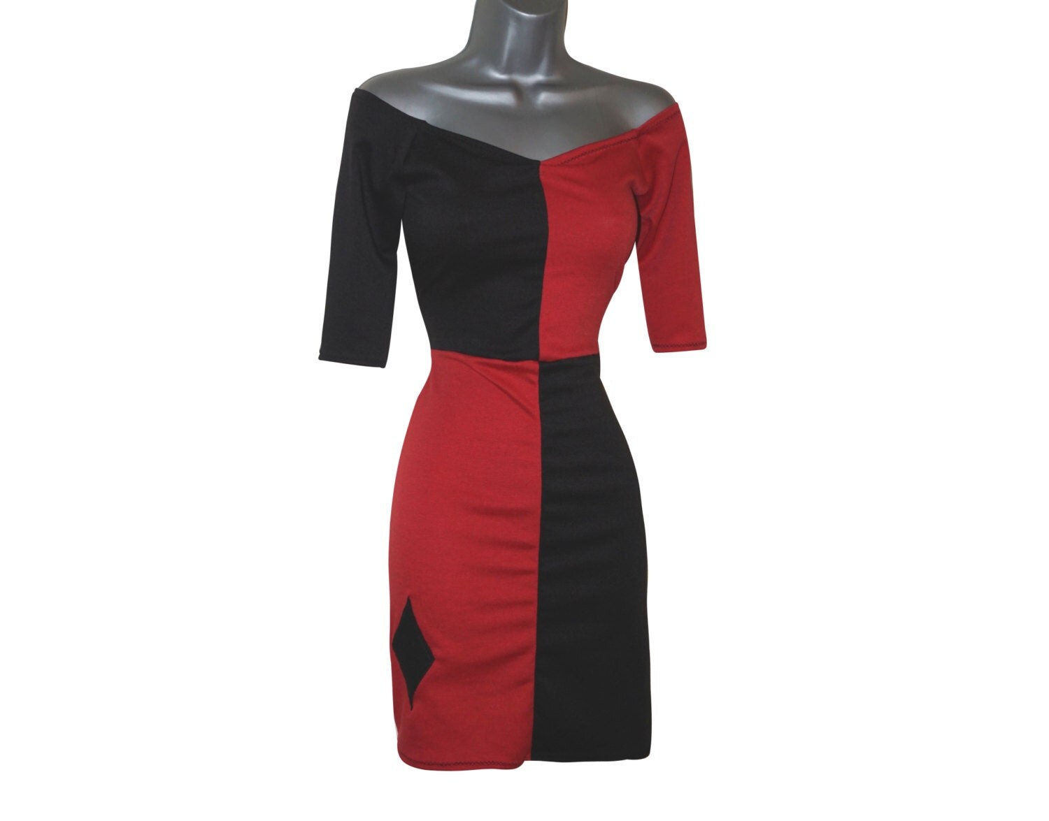 Harley Quinn Bodycon Bardot Dress Black Red Jester by LolaNovaUK