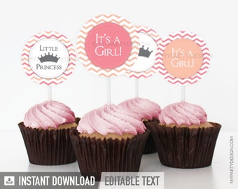 Little Princess Cupcake Toppers - Baby Shower Party - INSTANT DOWNLOAD - Printable PDF with Editable Text
