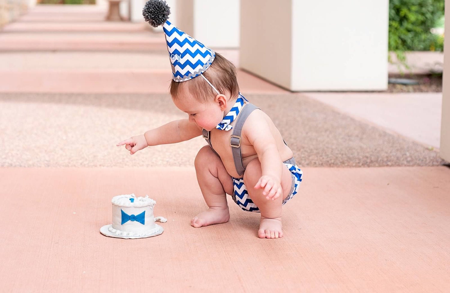 boy cake smash outfit royal blue chevron and gray trims