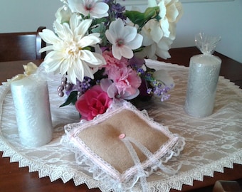 Tan burlap and pink lace ruffle ring pillow