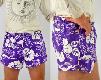 80s Hawaiian Shorts Purple Floral Print Beach Party Swimming Shorts