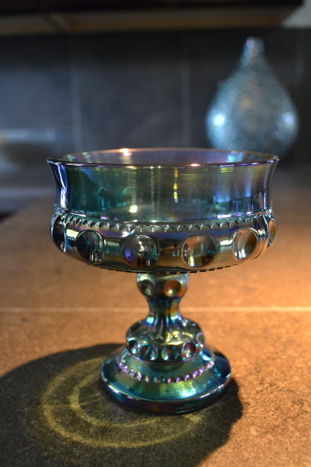 Vintage Blue Iridescent King’s Crown Glass Candy Dish Haute Juice