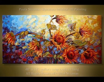Sunflower Oil Painting - Flower Art 48" Dancing in the Sun oil palette knife heavy texture flowers wall decor modern design home decor