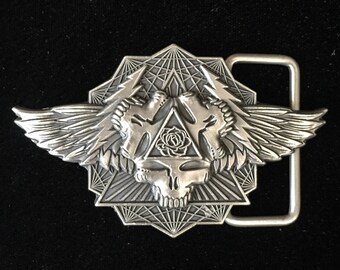 Belt Buckle - Antique Silver Plated - Wings Spread Bright Hippie psychedelic Belt Buckle - Grateful Dead Belt Buckle - Mongo Arts