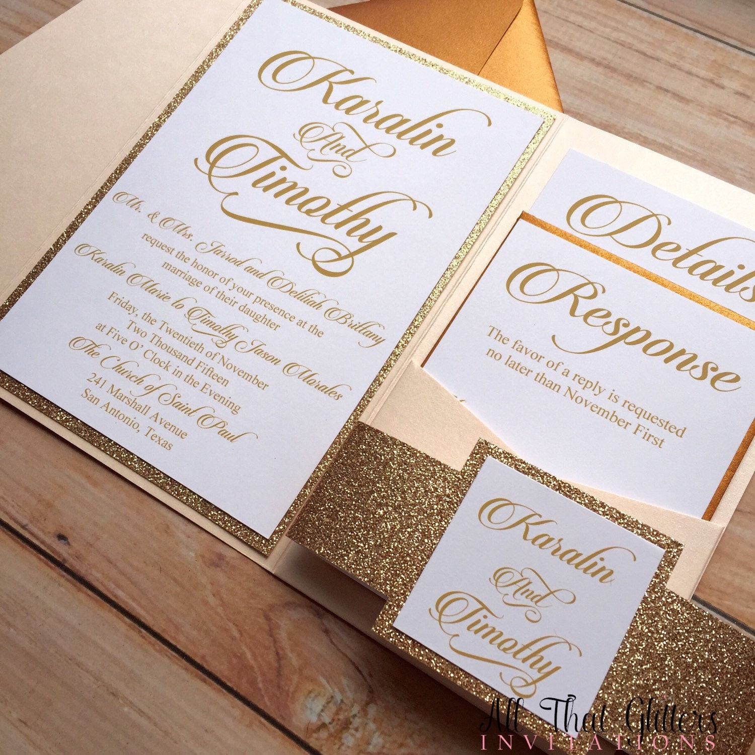 Glitter wedding invitation rose gold glitter by ATGInvitations