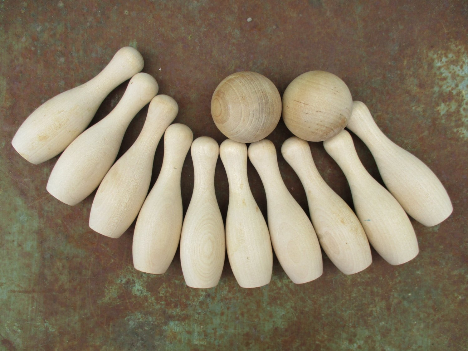 Wood Bowling Pins and Bowling Balls Set Small Miniature Set