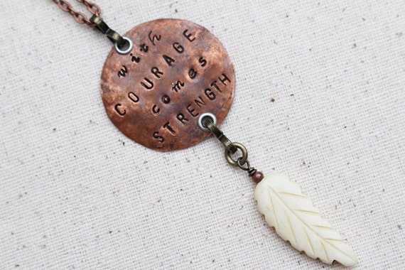 Courage Stamped Necklace Feather Pendant Beaded Jewelry Hippie