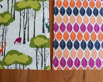 Woodland Placemats (2), Fall Placemats, Deer and Leaves Placemats in Orange, Violet, Lime Green and Navy, Michael Miller Rustique