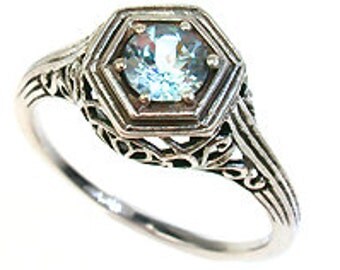 Art Deco Ring, Blue Topaz Ring, White Gold Art Deco, 9ct 9k 14k 18k Platinum Antique Ladies Topaz Ring Vintage Ring Custom R118