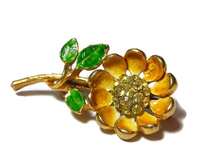 Yellow floral brooch pin, small yellow enamel flower with yellow rhinestone centers, lapel pin, hat enhancer