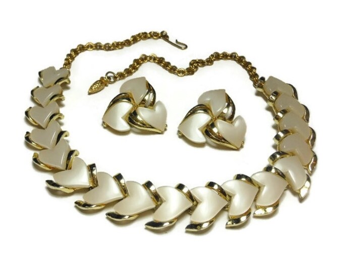 FREE SHIPPING Moonglow heart choker and clip earrings, wedding set, Lisner style white thermoset 1950s necklace and clip earrings, gold tone