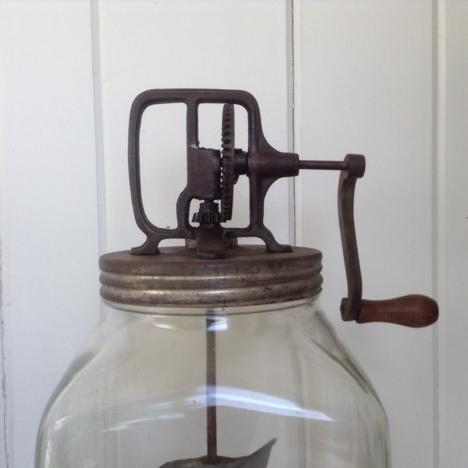 Antique 8 QT. Glass Butter Churn w/ Metal Paddle Country Decor