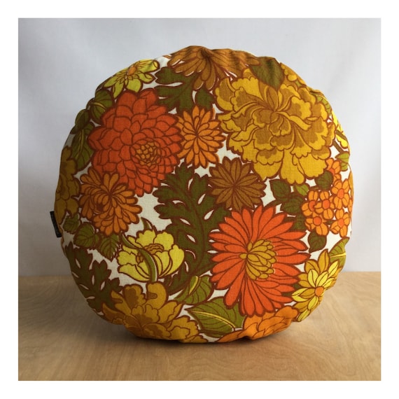 Round Cushion Cover Vintage Retro 70s Orange Flower Power