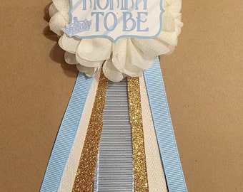 Little Prince Blue Baby Shower Pin Mommy to be pin Flower Ribbon Pin Corsage gold Glitter Rhinestone Mommy Mom New Mom its a boy crown