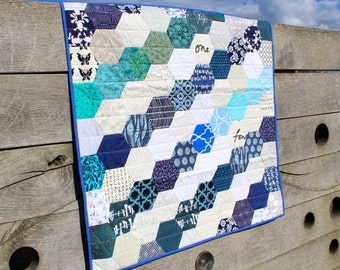 Traditional Hexagon Patchwork Quilt with Blue and White Modern Fabrics, Lap quilt ,Blanket, Cot bedding or Sofa throw,