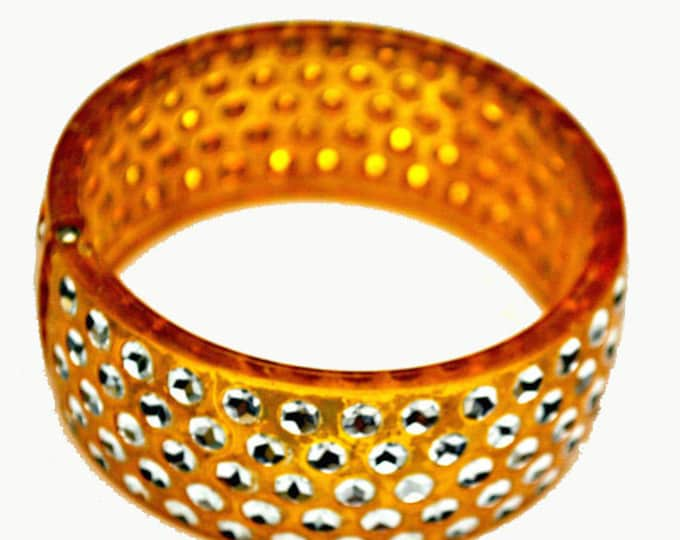 Celluloid Bangle -Sparkle Rhinestone - Amber yellow orange - Apple juice -Hinged Bracelet