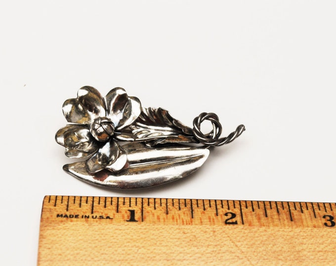 Sterling Flower Brooch - Silver Floral - Vintage Art Nouveau signed Pin