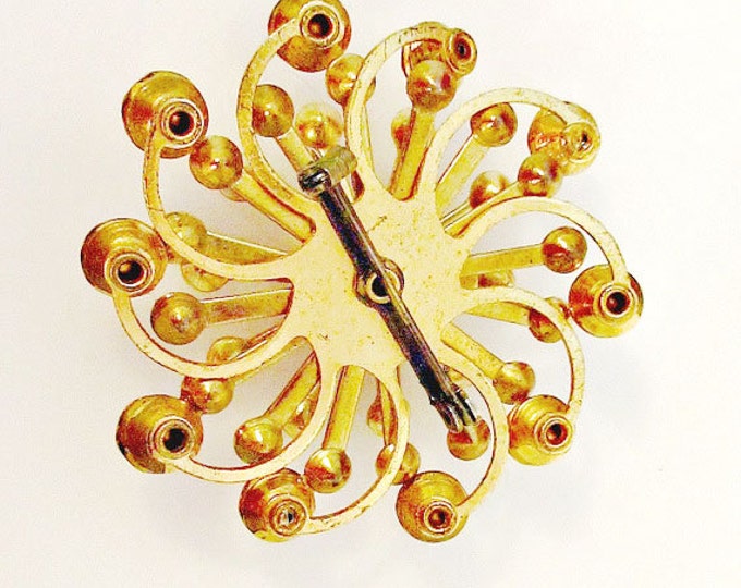 Atomic Brooch - Amber Rhinestones - gold tone setting - Mid-century orange crystal Pin