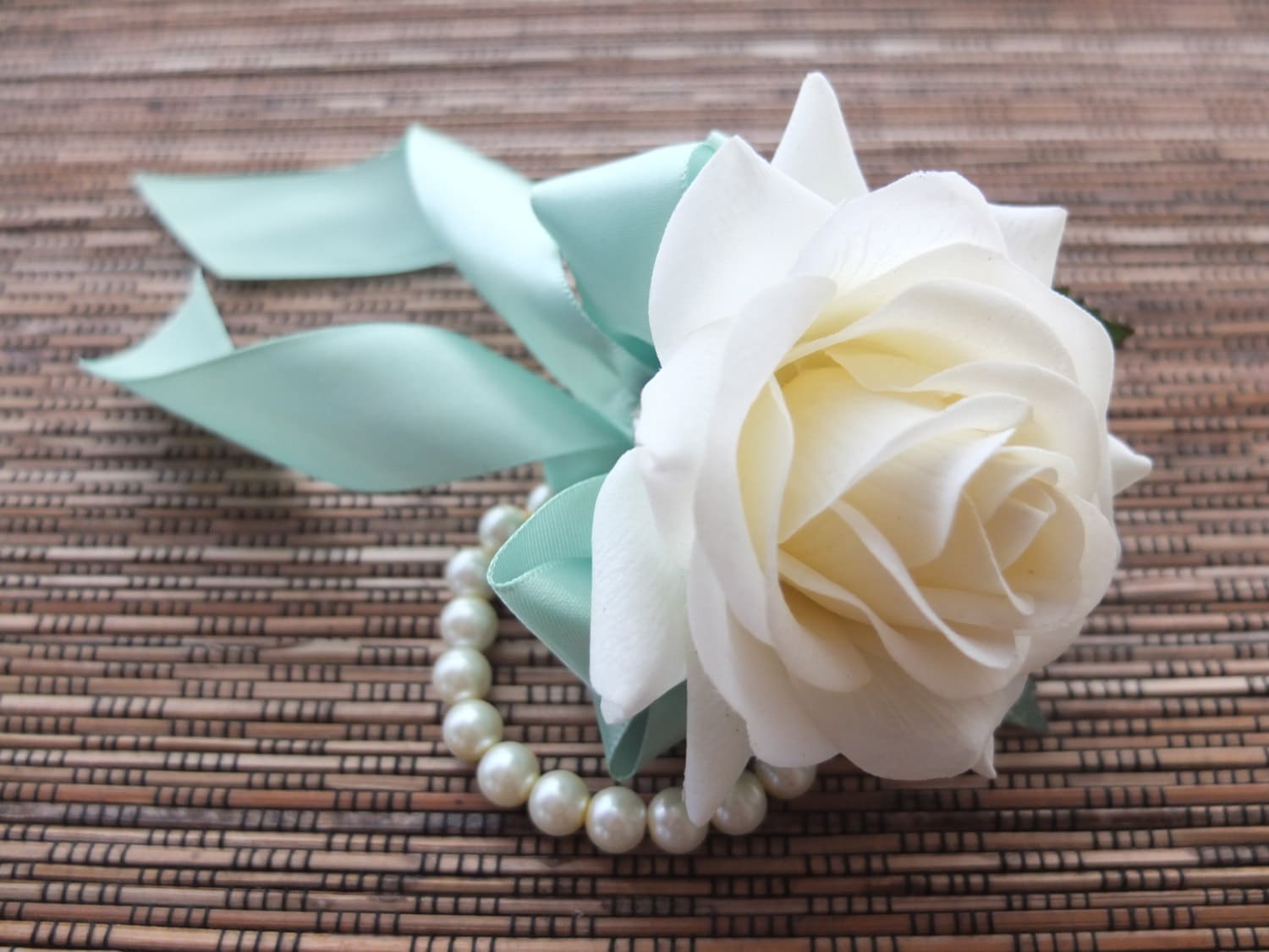 Wrist Corsage Off White Rose with Mint ribbon on pearl