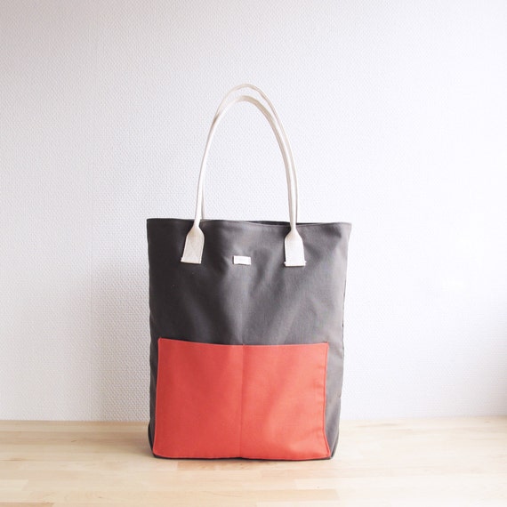 ... bag, tote school bag, brown and orange, canvas tote bag, inside pocket