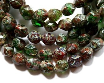 8 mm Red and Green Authentic Czech Potato Picasso Faceted Beads