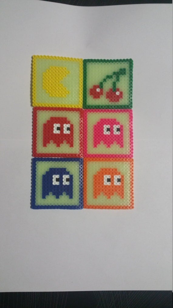 Items similar to Pacman glow in the dark perler bead coaster set on Etsy