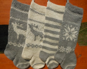 Knit Christmas Stocking Hand Knitted Personalized with Reindeer, Poinsettia,Strips Christmas Gift Christmas Decoration