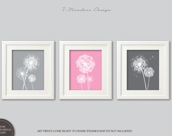 Dandelion Wall Art Prints, Girls Bedroom Nursery, Pink Gray Flower Art, Dandelion Art Set of (3) 5x7, 8x10 or 11x14, Home Decor, UNFRAMED