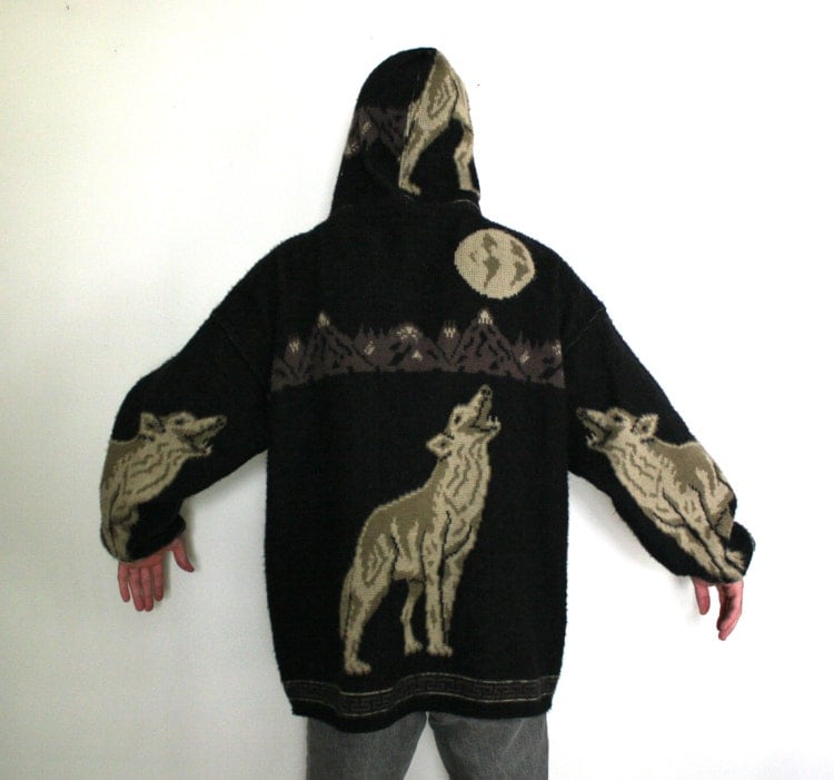 Zip Up Wolf Hoodie Sweater. Black and Gray by ElevatedWeirdo