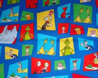 Blue Dr Seuss Portrait Toss Cotton Fabric by the Yard