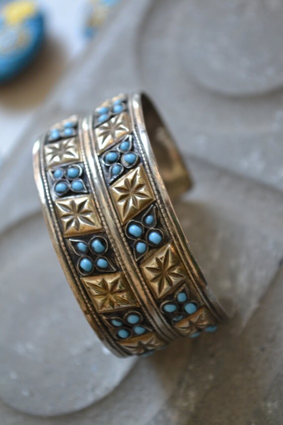 Bracelet Unique CUFF Open Handmade Sterling Silver and Gold F.