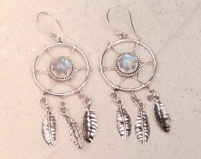Bohemian Jewelry, Moonstone Earrings, Solid Sterling Dreamcatcher Jewelry, Dangle Earrings, Gypsy Earrings, Boho Chic Earrings, Feather