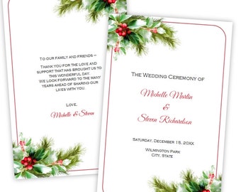 Folded Wedding Program Template - Christmas Holly - DIY Printable Template - Instant Download - Microsoft Word File - Editable Program