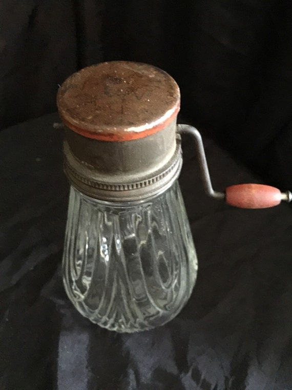 Great Vintage Rustic kitchen nut grinder chopper glass jar red