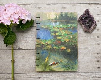 Koi fish art journal, handmade journal, unique gift for mom, paper journal, blank book, mixed media journal, handbound book, notebook, diary