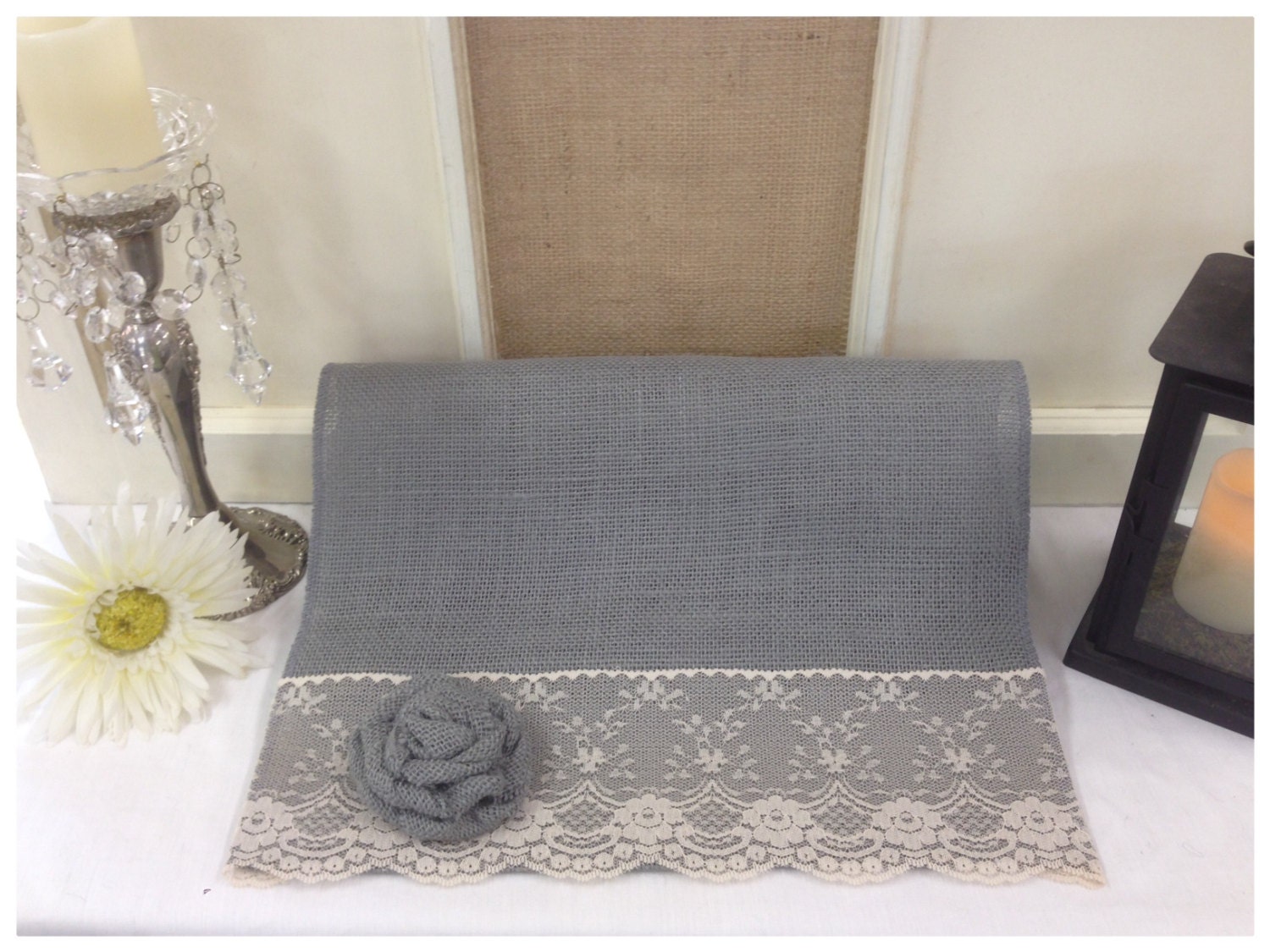 Grey Burlap & Lace Table Runner 12 or 14 wide
