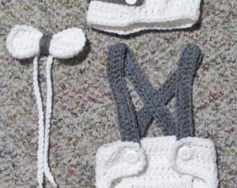 Crochet newborn boy's outfit photo prop white newsboy hat, diaper cover with suspenders and bowtie. White and gray made to order