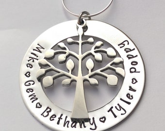Personalised family tree necklace hand stamped - present for mum mom - personalized present for her - family name necklace, mothers day gift