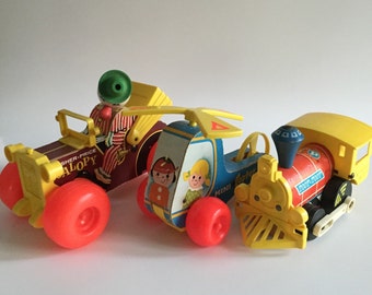 Set of 3 Vintage Fisher Price Pull-Toys; Jalopy, Toot-Toot Train, Mini-Copter