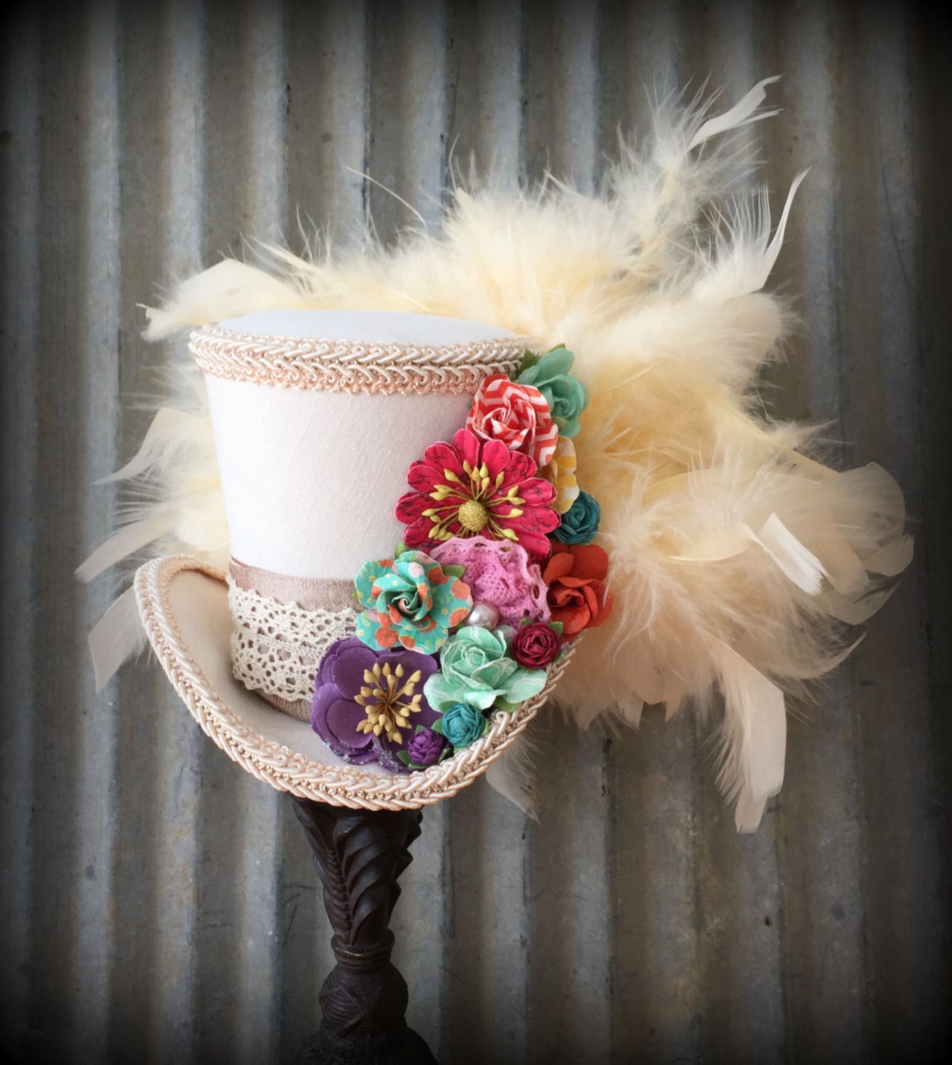 Rainbow bohemian Hat Alice in Wonderland Mini Top Hat by ChikiBird