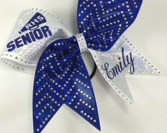Senior cheer bow with megaphone , your name and your school name. Bulk discounts and free shipping for team orders.