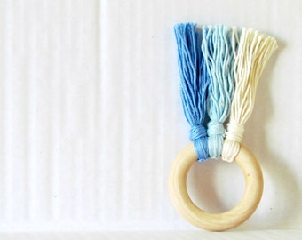 Blue baby boy toy, wooden teething ring for infants