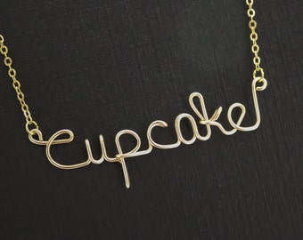 Cupcake necklace, Personalized necklace, wire wrapped necklace, wire name necklace, cupcake, personalized, name, personalized necklace, gift