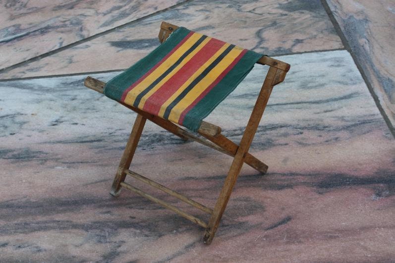 Vintage Camping Stool | Folding | Canvas Fabric Seat | Wood Frame