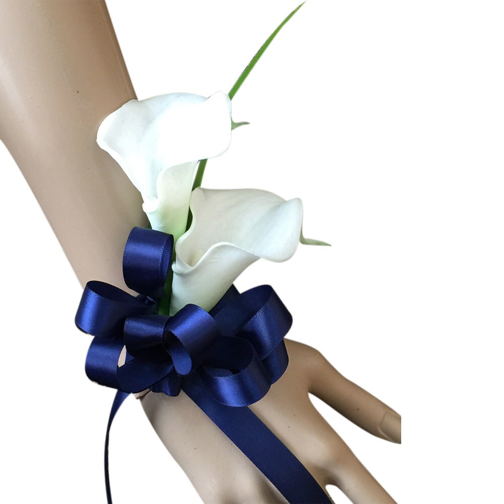 Wrist CorsageReal Touch calla lily with Navy blue RibbonMore