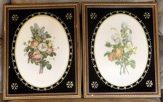 JL Prevost Prints Pair Rare Reverse Painted Glass Frames 1940s Botanical Bouquet Paris Art Jean Louis French Artist Sidney Z Lucas New York