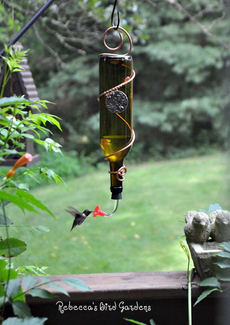 Blue or Green Wine Bottle Hummingbird Feeder The