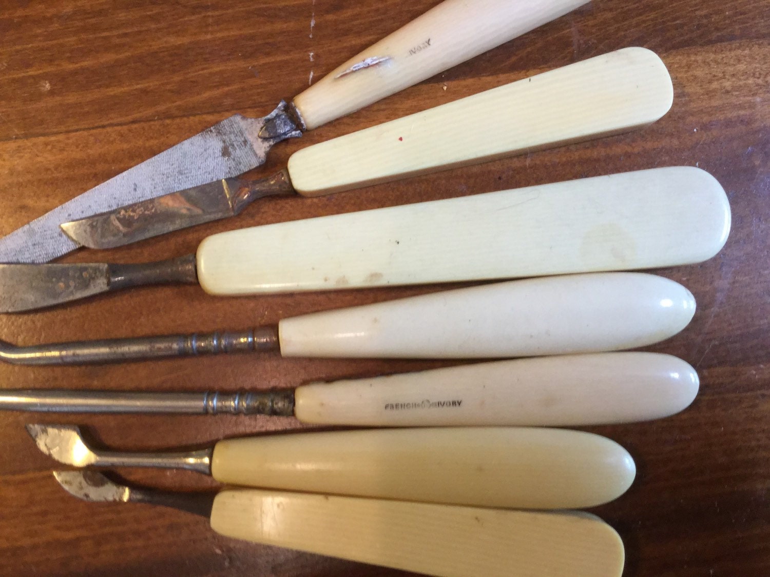 Antique Vintage French Ivory Celluloid Nail File Buffer Kit from